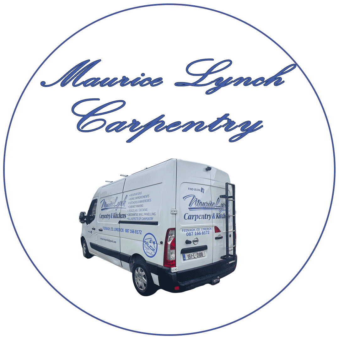 White work van with blue lettering for Maurice Lynch Carpentry & Kitchens, listing services like renovations, kitchen improvements, and cabinetry, with contact details and a logo, all inside a blue circular border with the name Maurice Lynch Carpentry in cursive at the top.