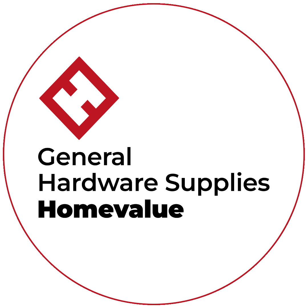 Logo with a red diamond shape containing a stylized white letter E, next to the text General Hardware Supplies Homevalue in black, with Homevalue in bold.