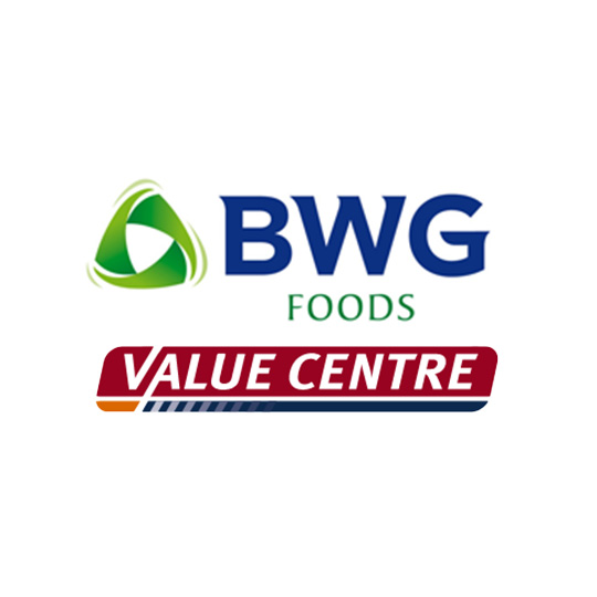 Logo of BWG Foods with a green triangular emblem and the words 'BWG FOODS' above a red and navy blue banner reading 'VALUE CENTRE'.