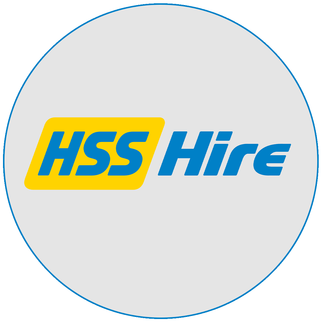 HSS Hire logo with blue text, where 'HSS' is in bold inside a yellow rounded rectangle and 'Hire' follows in blue on a light gray circular background.