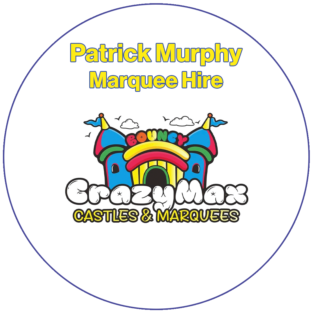 Logo with yellow text 'Patrick Murphy Marquee Hire' above a colorful bounce house illustration and 'Crazy Max Castles & Marquees' text below.