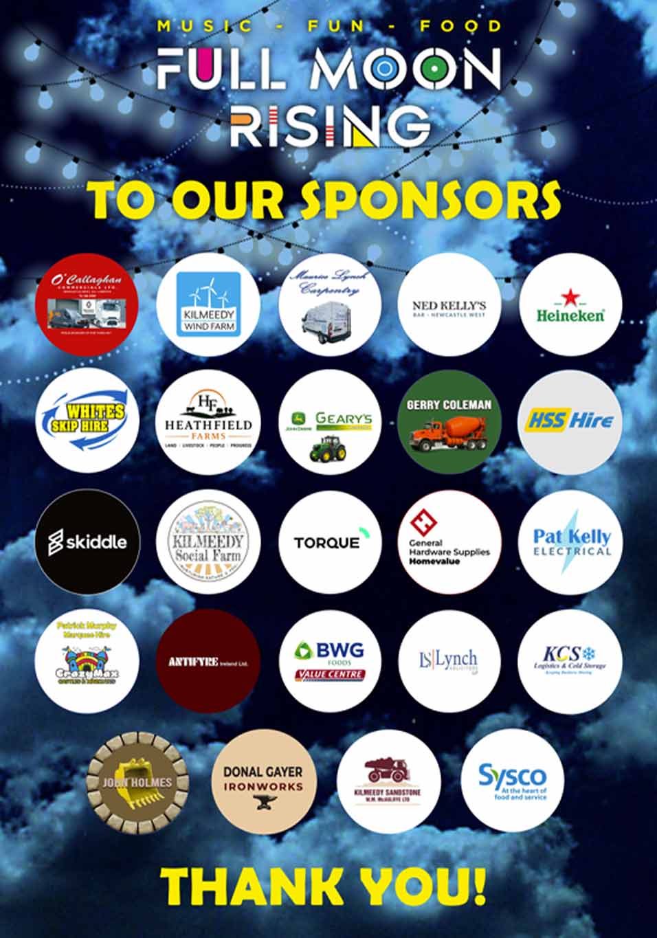 Blue cloudy night sky with the text 'Music - Fun - Food FULL MOON RISING TO OUR SPONSORS' in bold letters, followed by 24 circular logos of various sponsors arranged in a grid, and 'THANK YOU!' at the bottom in yellow.