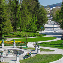 Sunny park with curved pathways, lush green trees, and people sitting and walking.