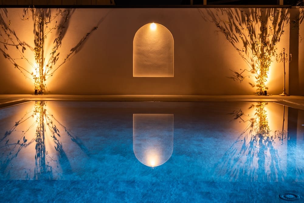 Illuminated wall with two lit plants reflected in a calm blue pool at night.