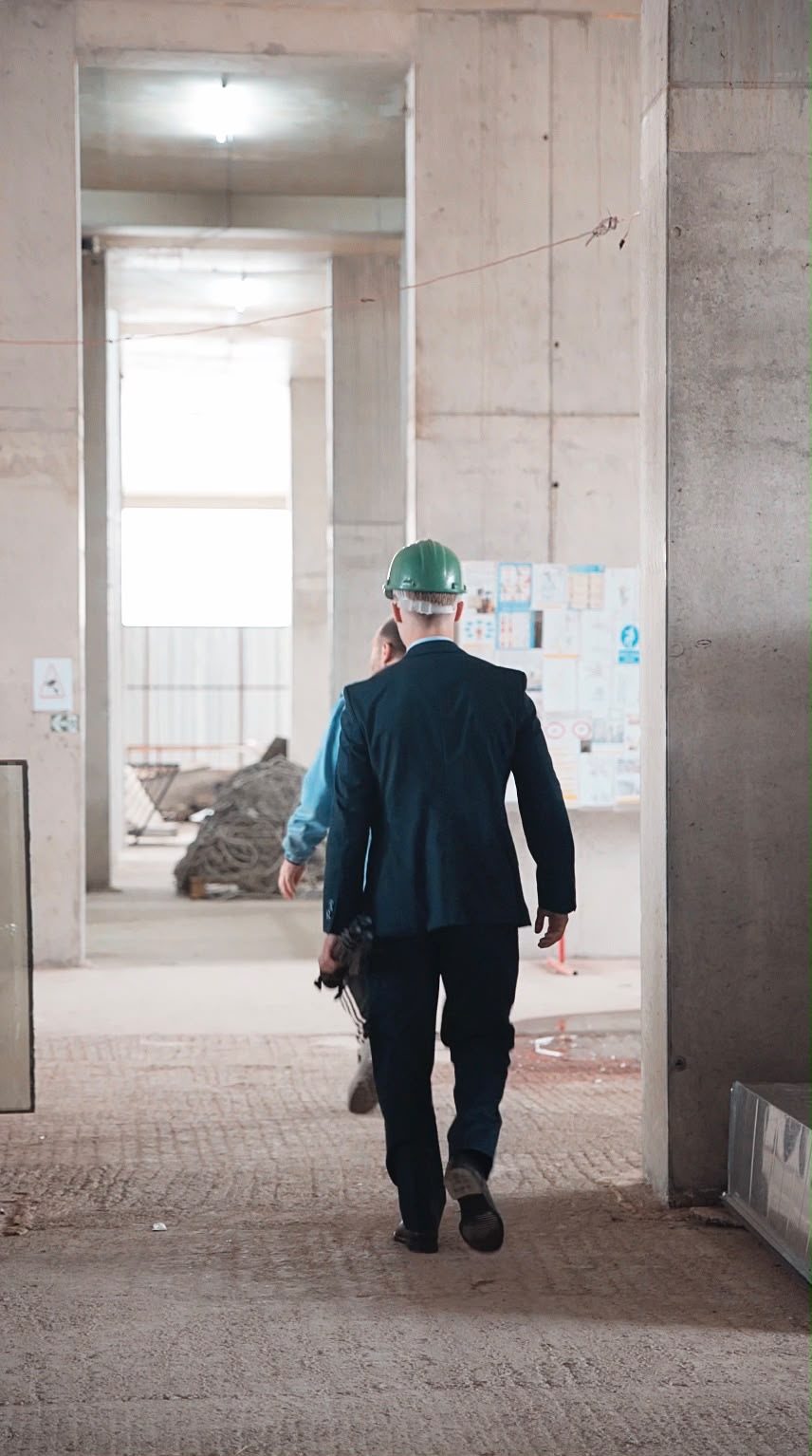 Visite d'un chantier par l'équipe FFI, casque de chantier sur la tête