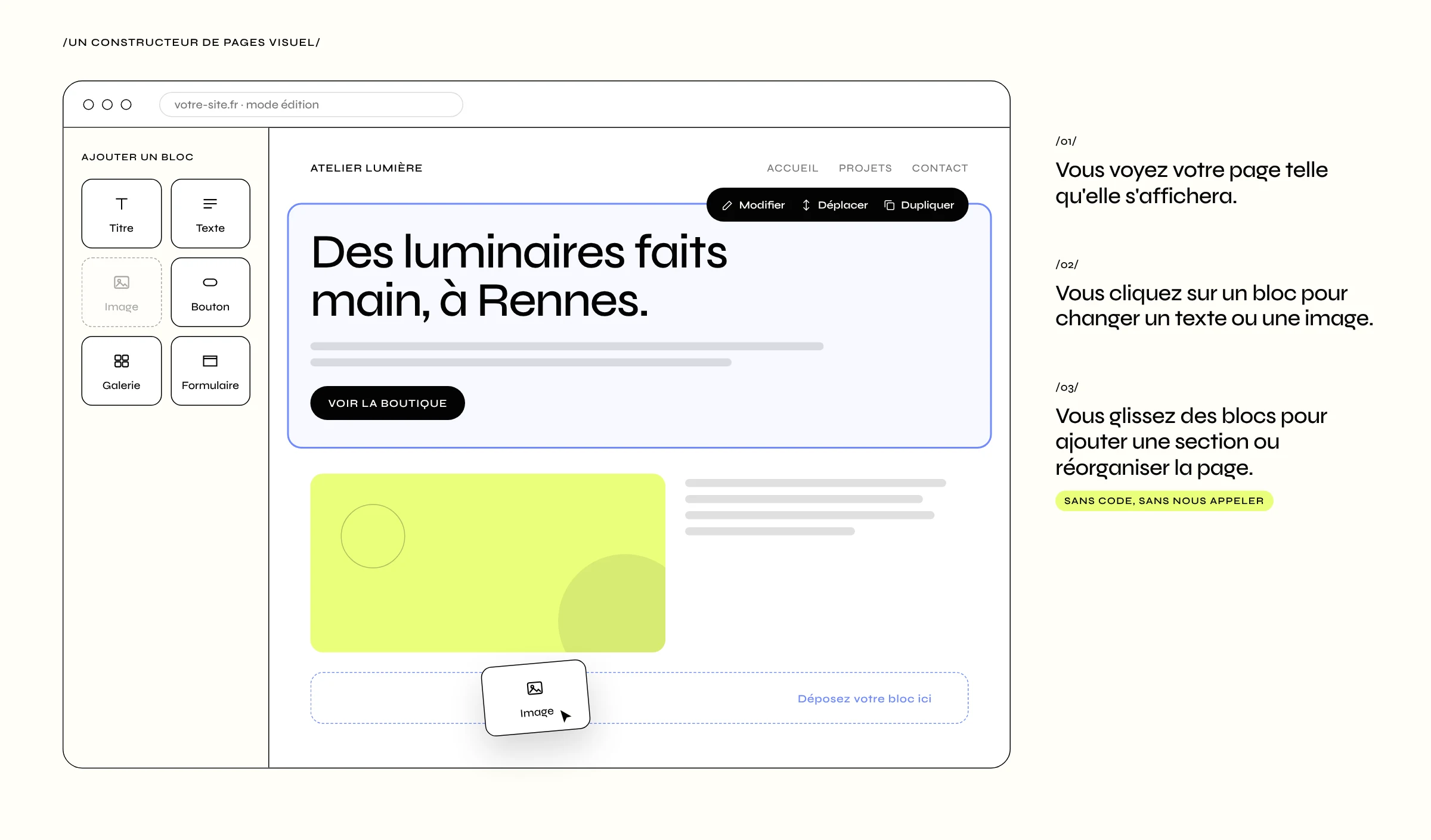 Constructeur de pages visuel : la page s'affiche telle quelle, on clique sur un bloc pour le modifier et on glisse des blocs pour réorganiser