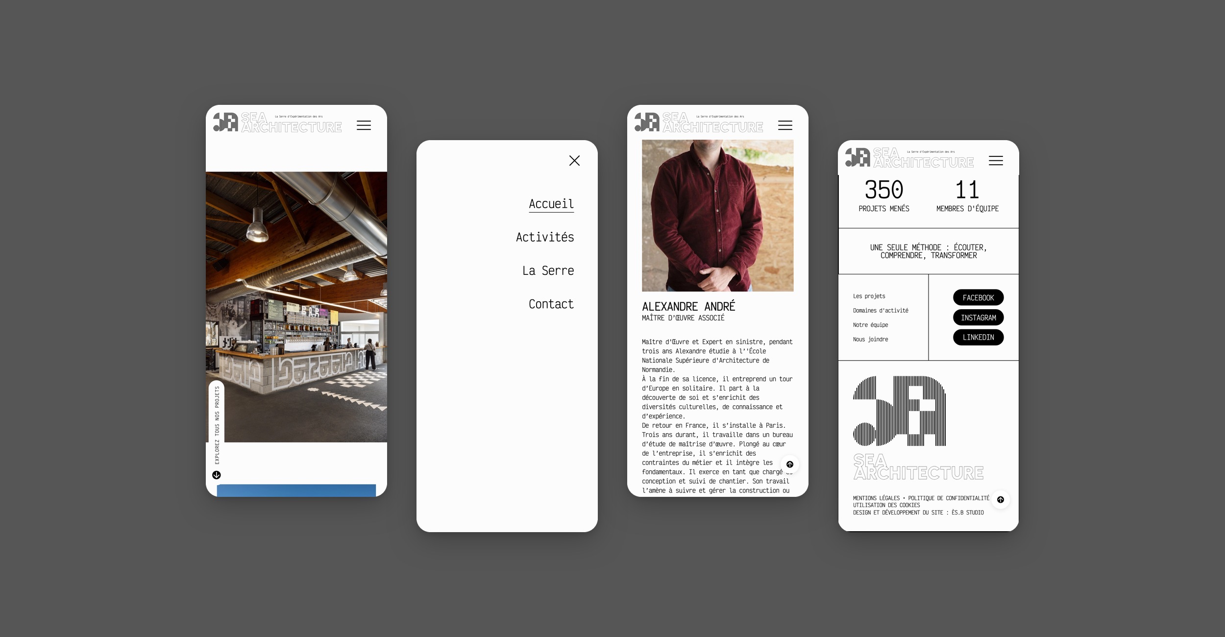 Le site SEA Architecture sur mobile, quatre écrans