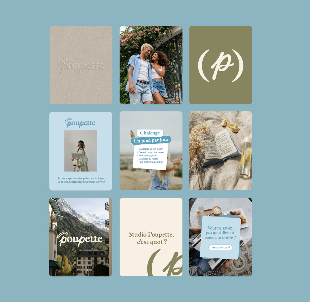 Grille de publications Instagram Studio Poupette sur fond bleu