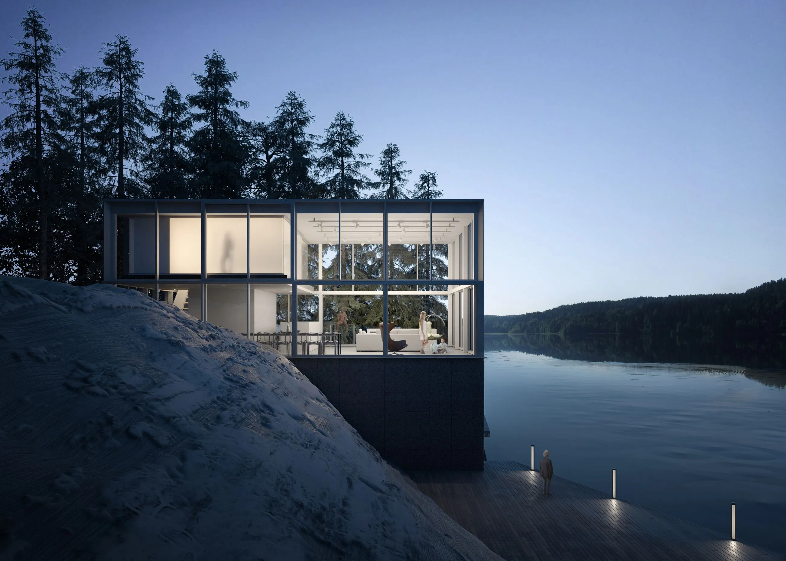 Modern, light-filled architecture nestled in nature. This lakeside retreat blends glass, geometry, and tranquility — part of our residential design series focused on clean lines, passive views, and connection to landscape.