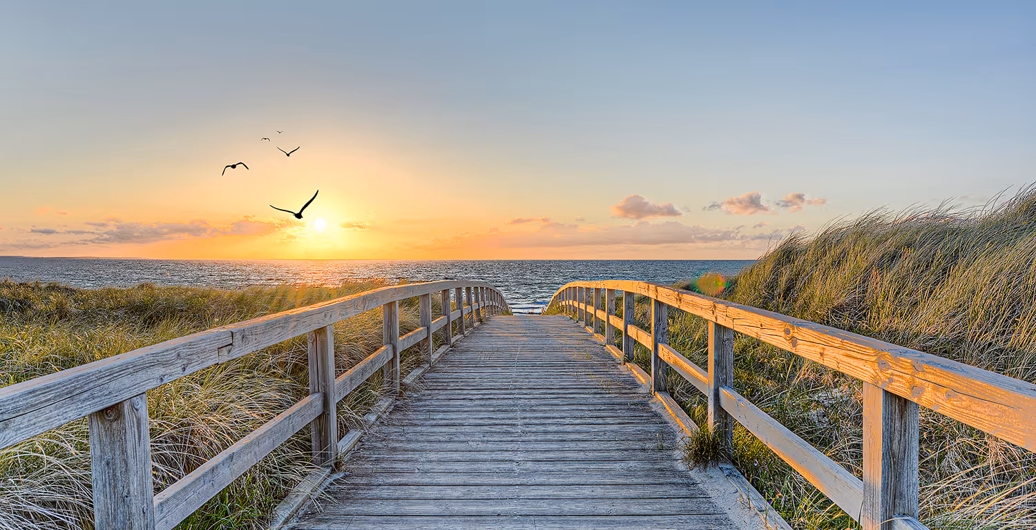 Holzsteg führt zwischen Dünen zum Meer bei Sonnenuntergang mit fliegenden Vögeln am Himmel.