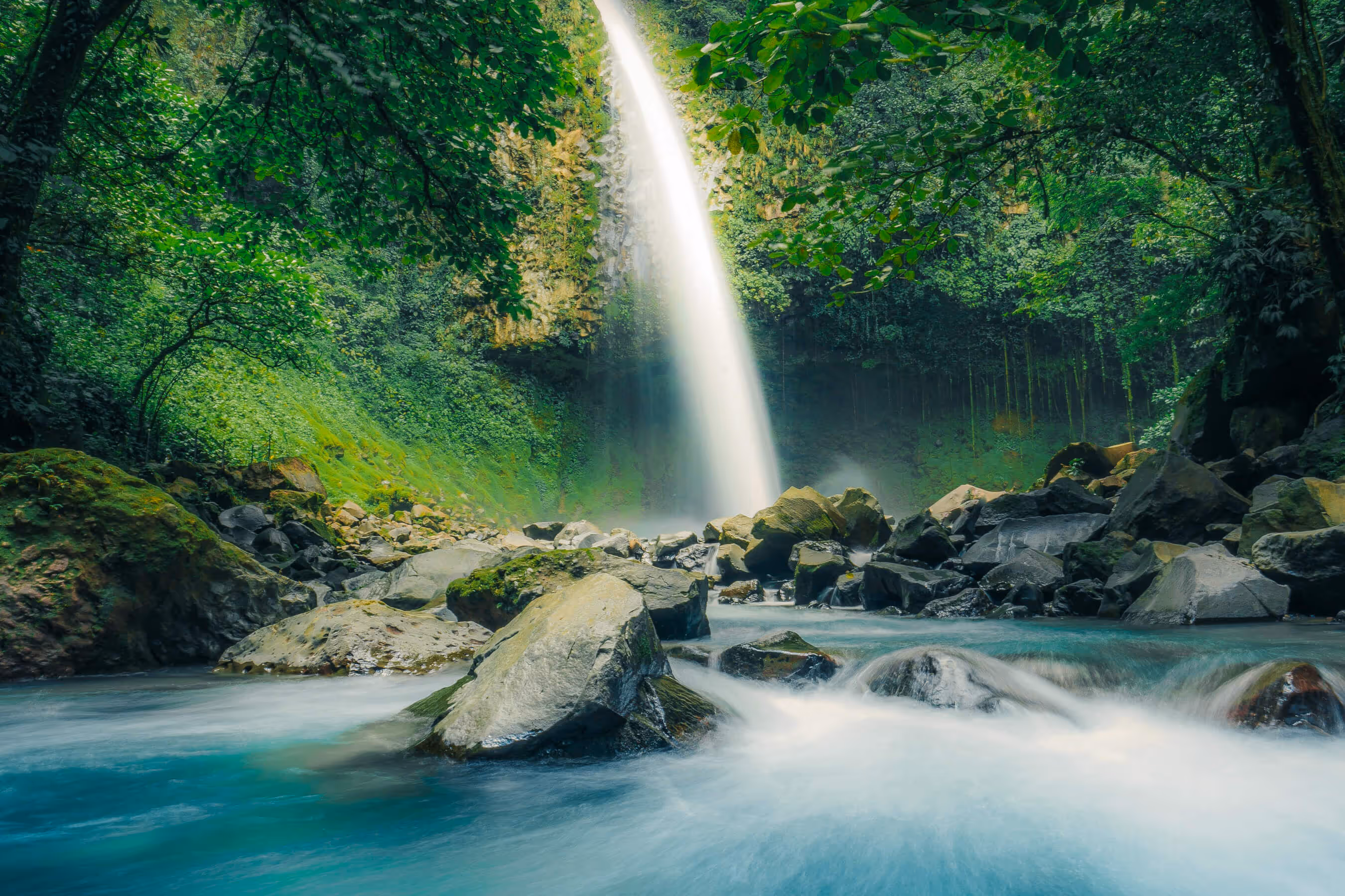 A scenic waterfall in the Costa Rican rainforest.