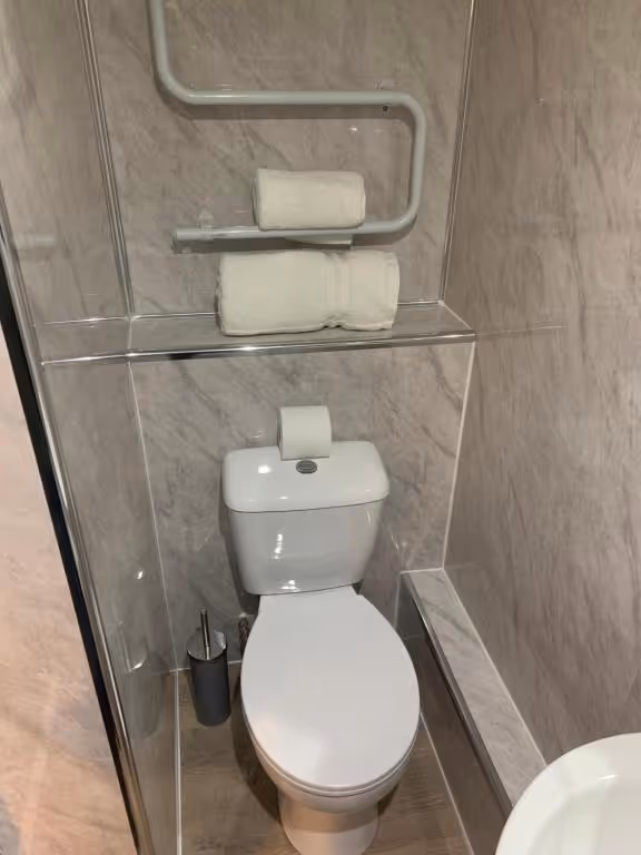 A white toilet with a towel rack and a toilet paper holder.
