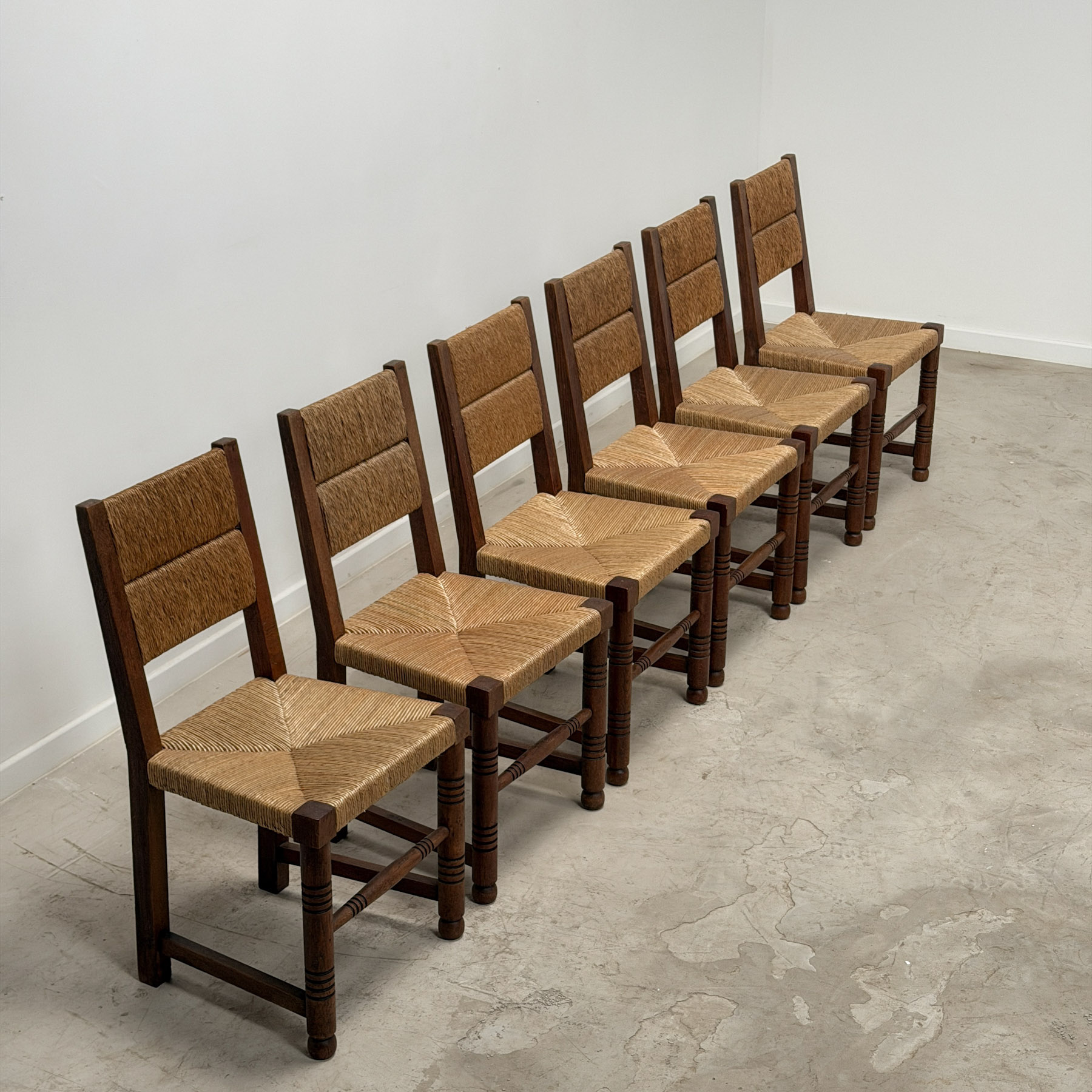 Six Mid-Century Oak Dining Chairs with Rush Seats