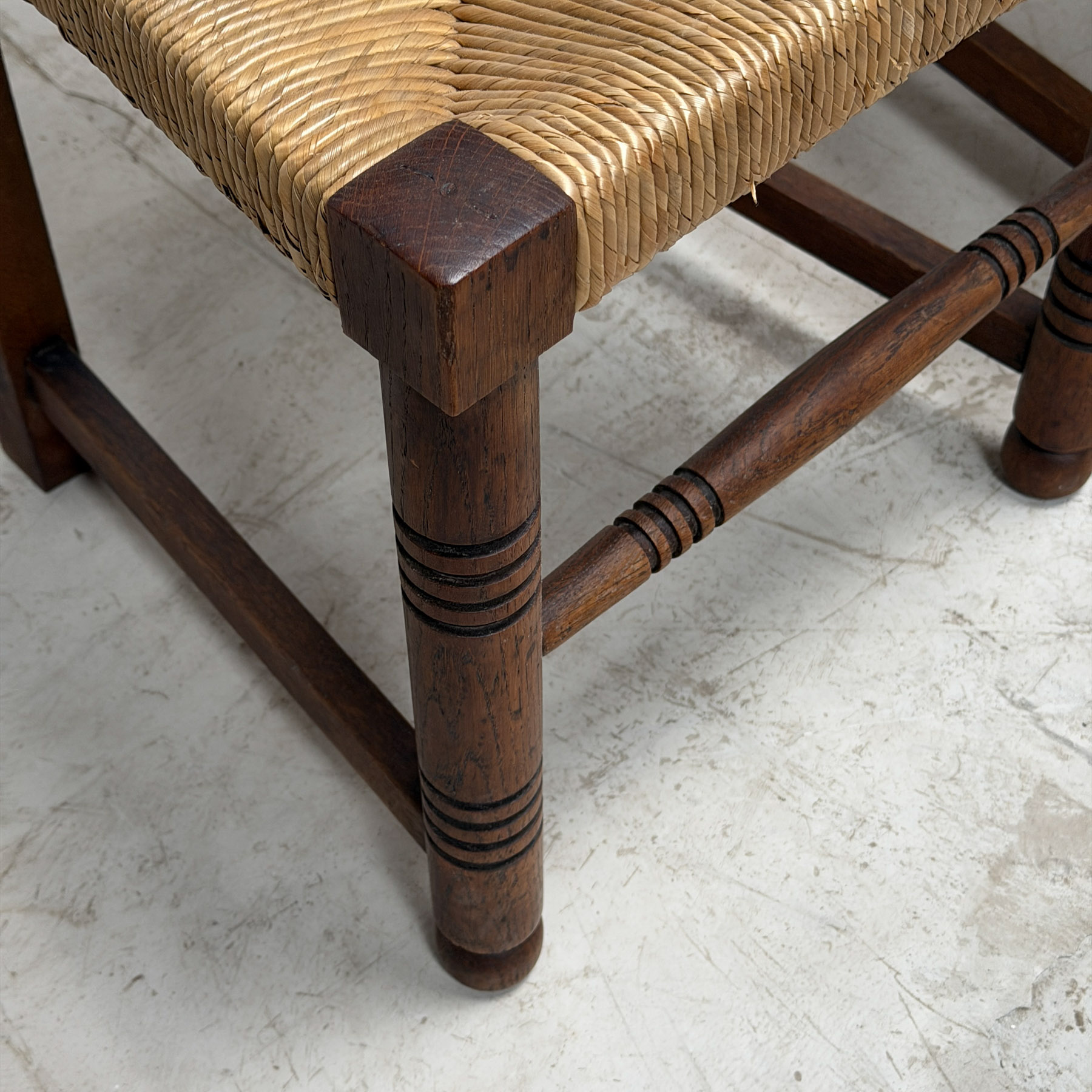 Six Mid-Century Oak Dining Chairs with Rush Seats