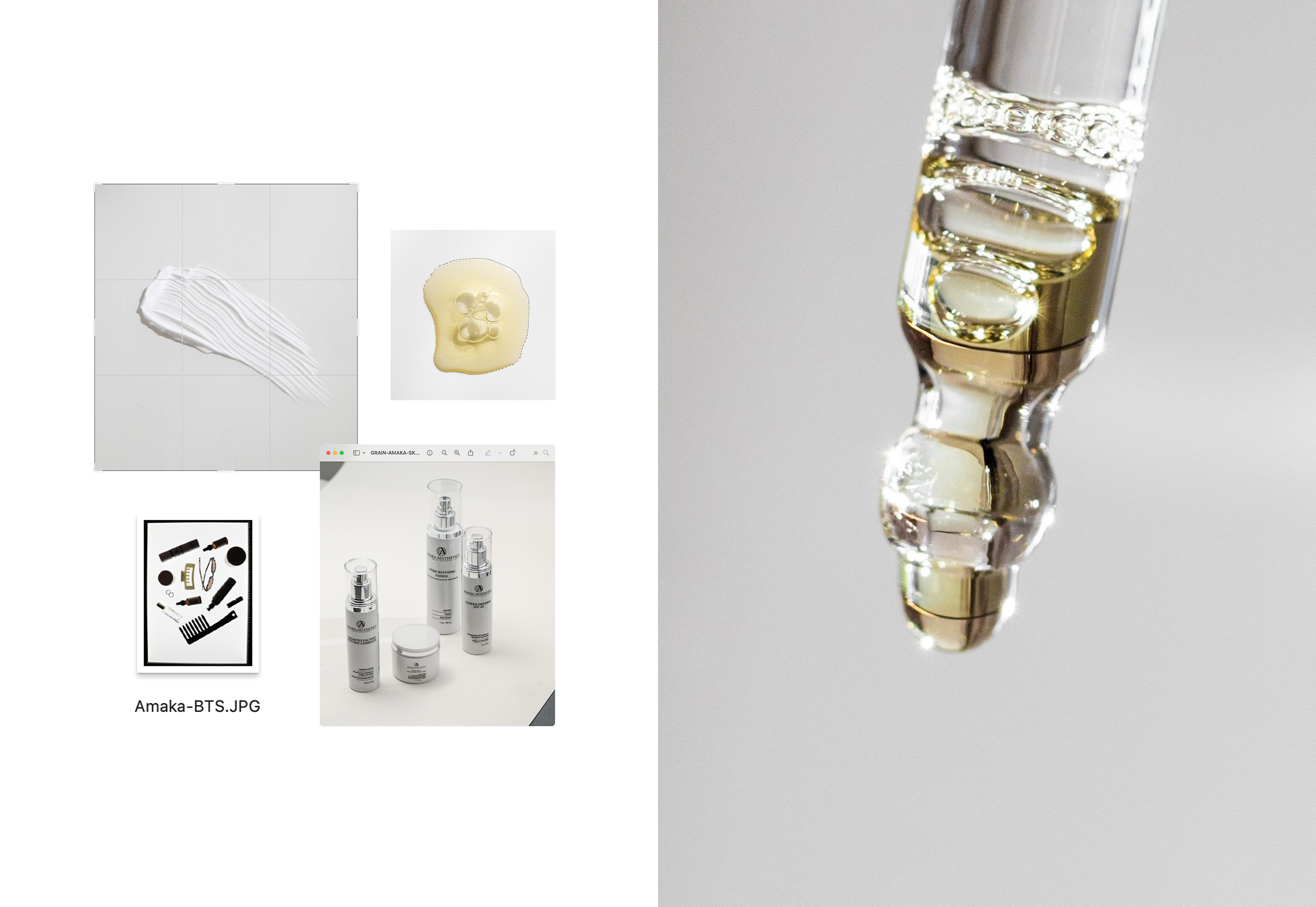 Skincare textures and Amaka Aesthetics product lineup arranged on a clean white background, with close-up macro of an oil dropper.