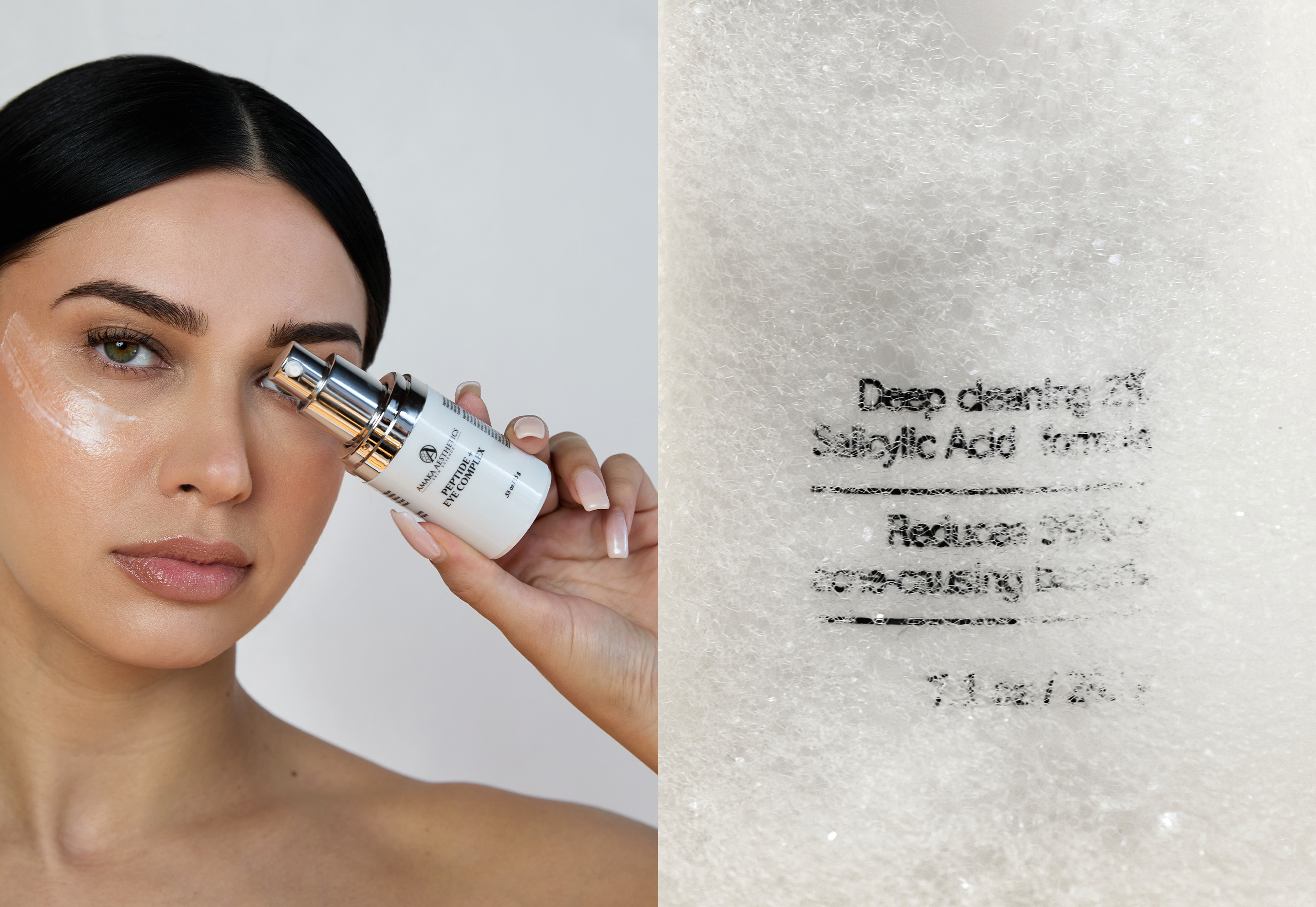 Model holding Amaka Aesthetics eye complex beside her face, paired with foamy close-up of deep cleaning salicylic acid cleanser label.