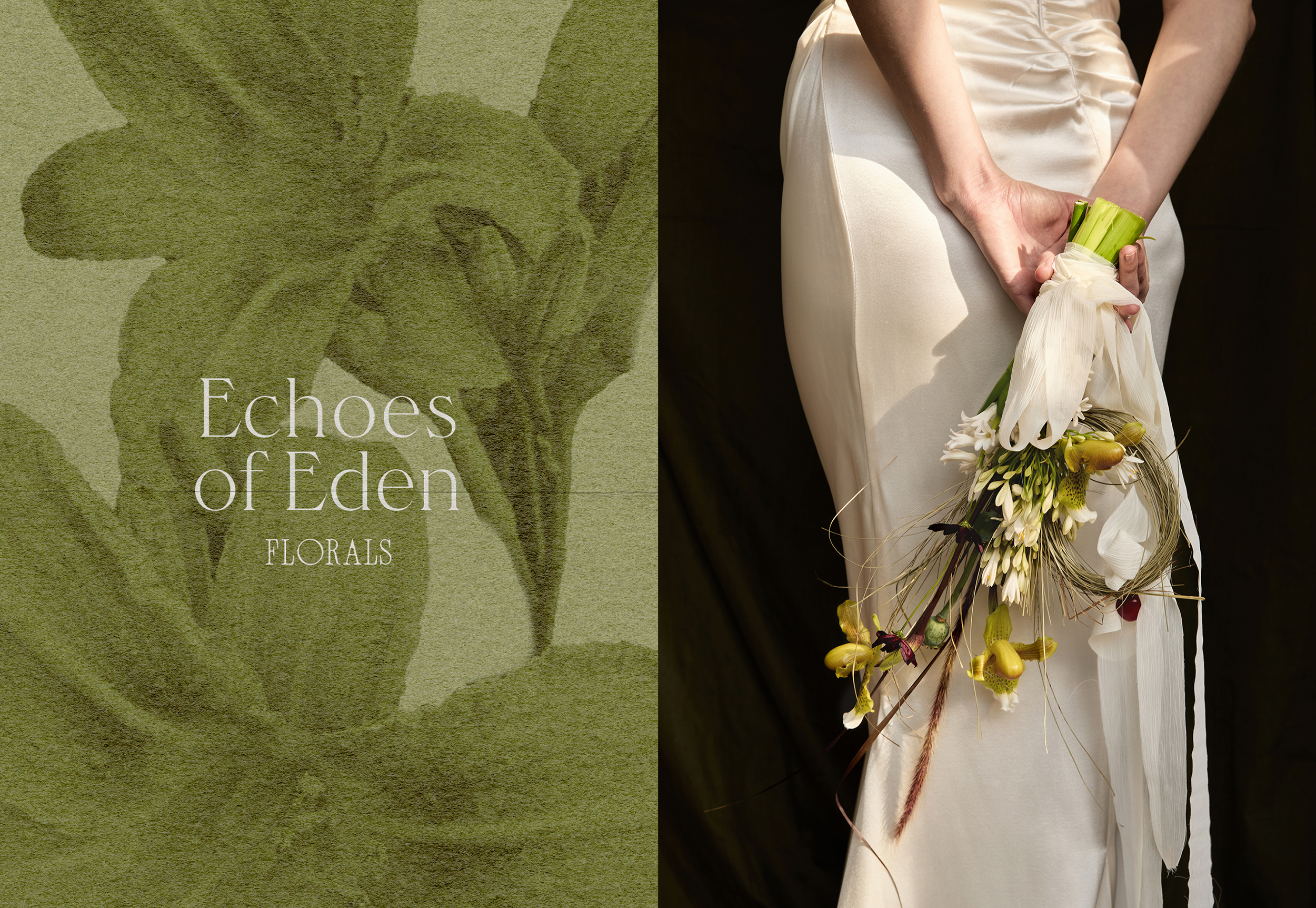 Echoes of Eden branding with fine-art floral bouquet – Minimalist logo design paired with avant-garde bouquet in satin ribbon, Nashville floral collective.