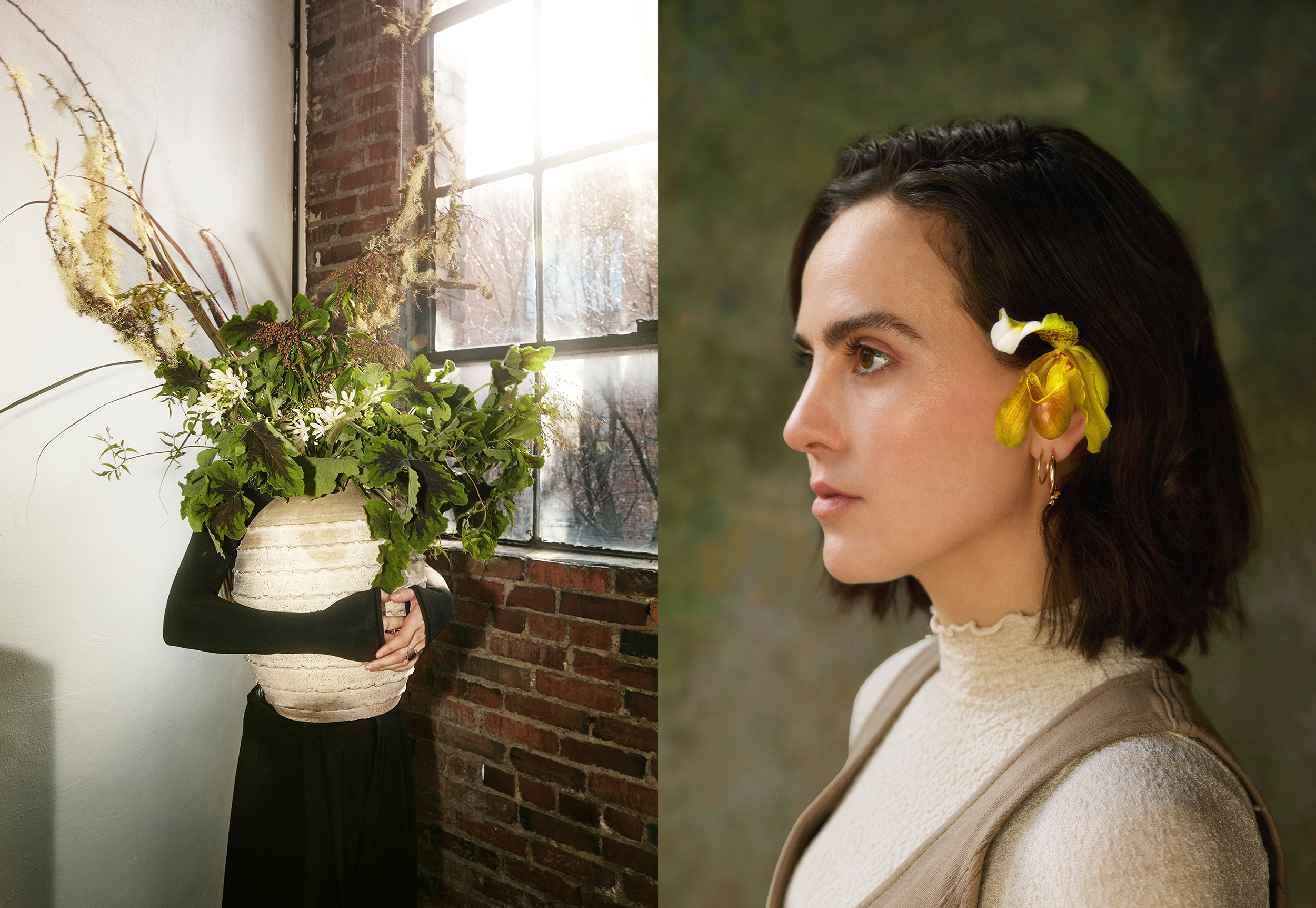 Florist holding oversized sculptural arrangement – Artistic portrait of Nashville floral designer with lush greenery; profile with orchid hair accessory.