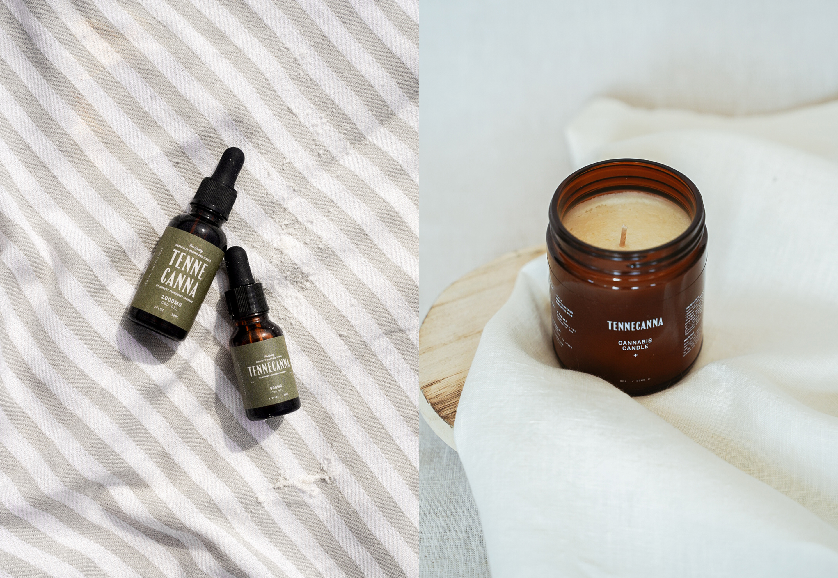 Two Tennecanna CBD oil bottles on striped towel beside amber jar candle on linen, blending product focus with cozy, natural textures.