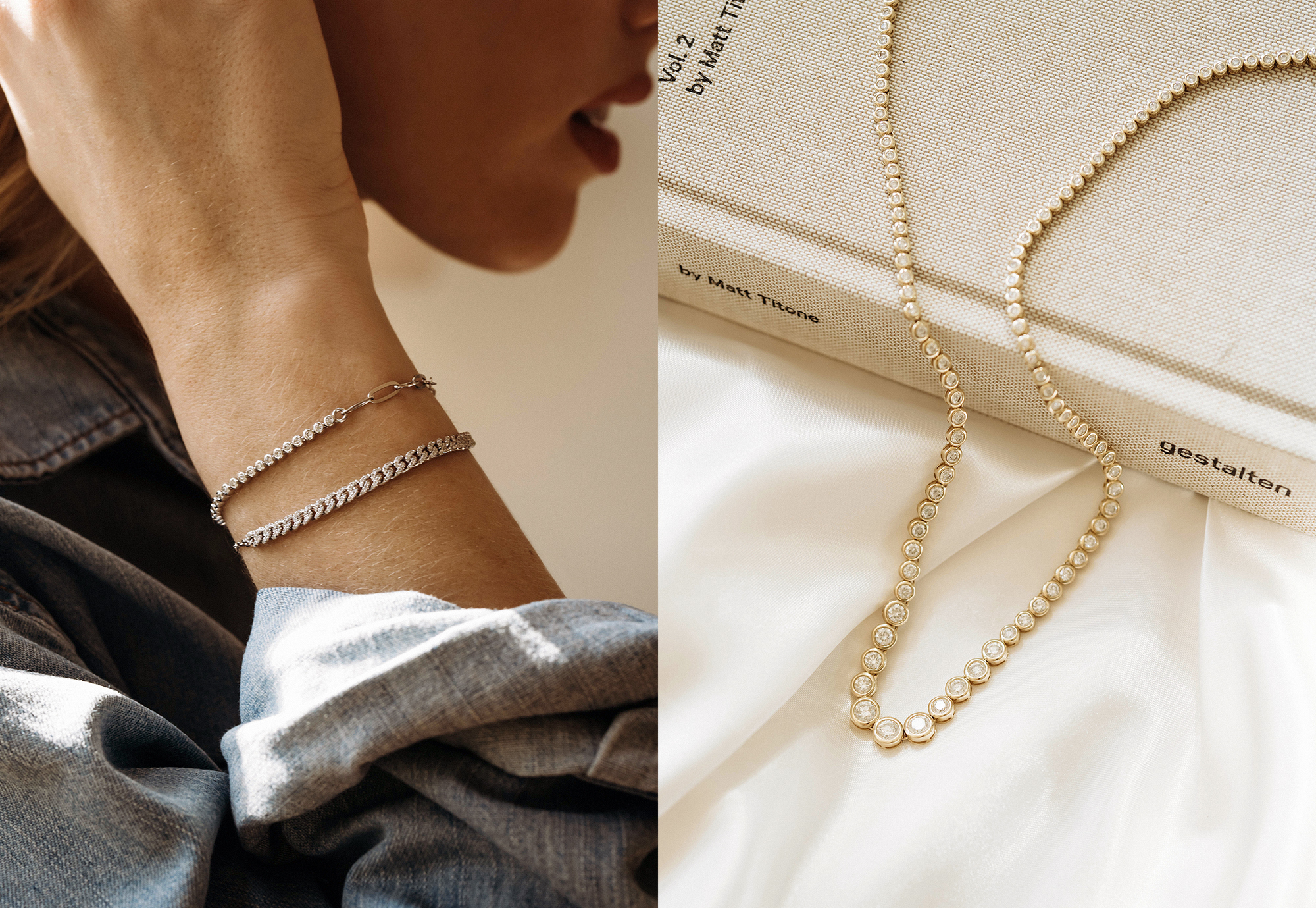 Diamond tennis bracelet on wrist and gold bezel-set diamond necklace from Consider the Wldflwrs styled for refined jewelry campaign