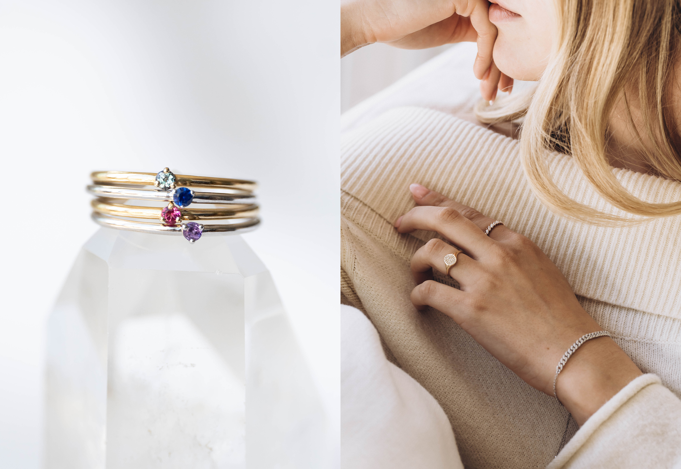 Stacked gold rings with sapphire, ruby, and amethyst paired with lifestyle shot of woman wearing gold and diamond jewelry pieces