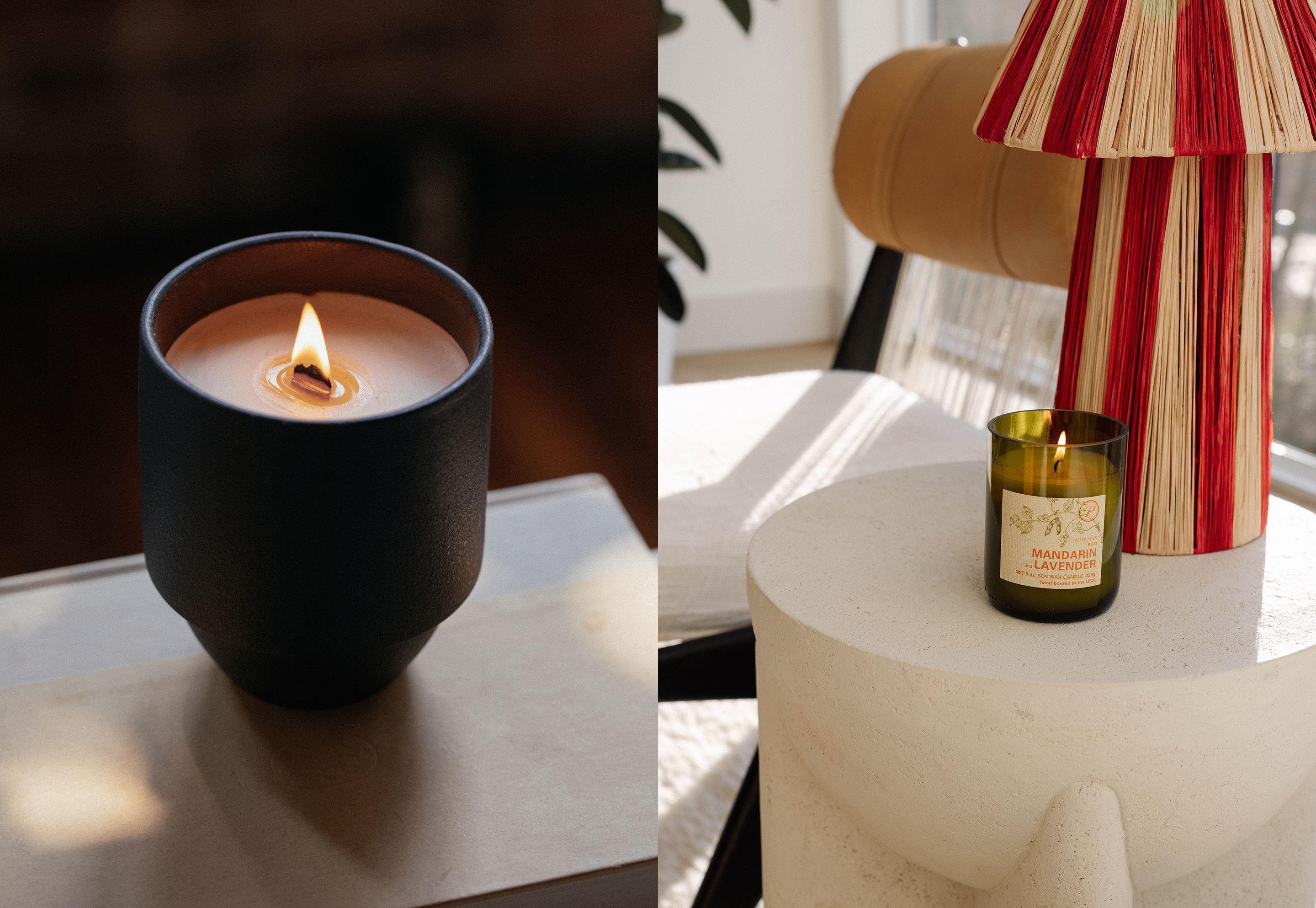 Paddywax Candles black vessel candle and Mandarin Lavender candle styled in modern home setting for brand campaign by Grain Creative