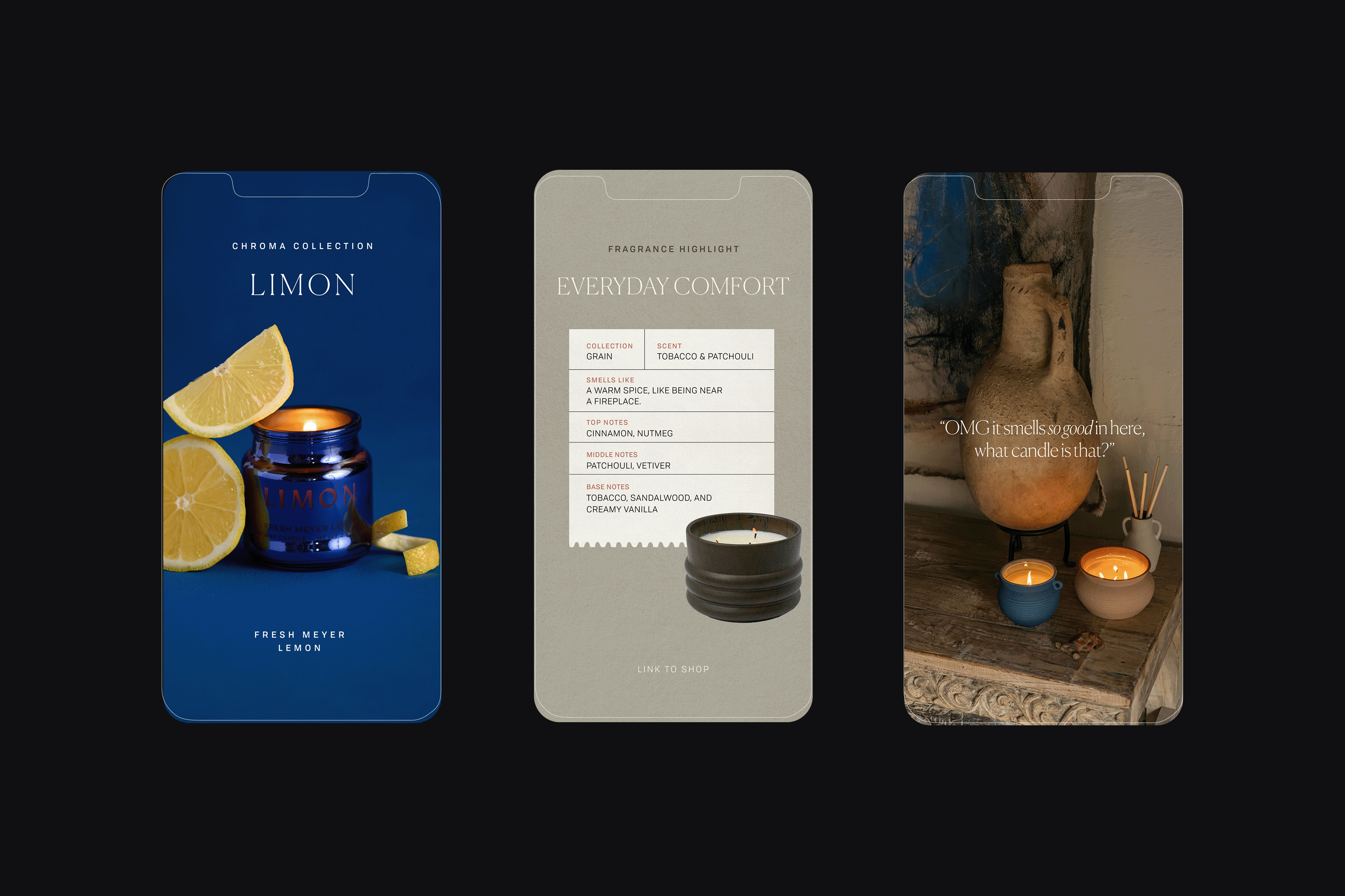 Paddywax Candles mobile designs featuring Limon, Everyday Comfort, and styled rustic candle scene for social media campaign