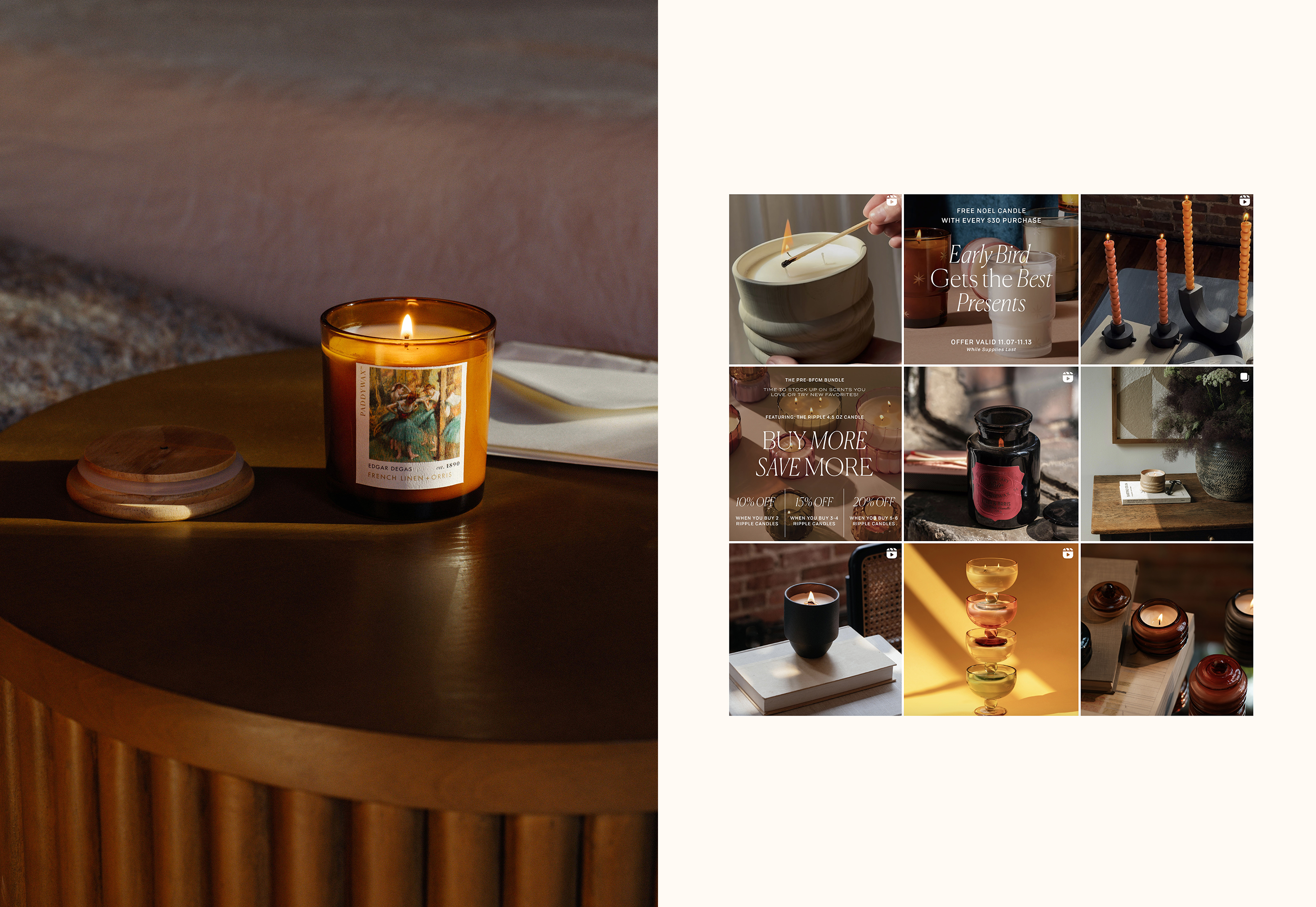 Paddywax Candles amber glass candle on table paired with grid of product and lifestyle imagery for seasonal brand campaign