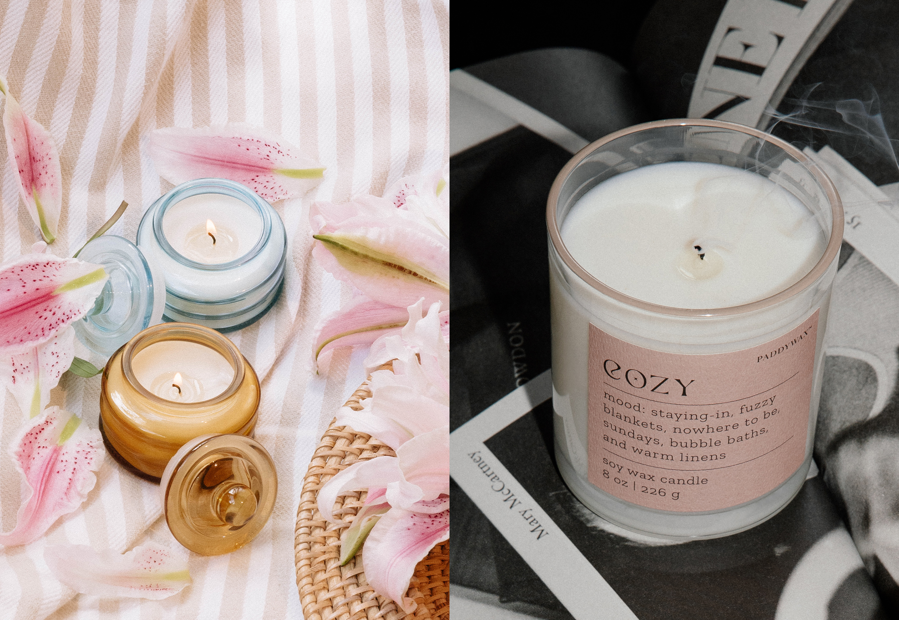 Paddywax Candles pastel glass jar candles with lilies and Cozy soy wax candle with pink label styled on monochrome background