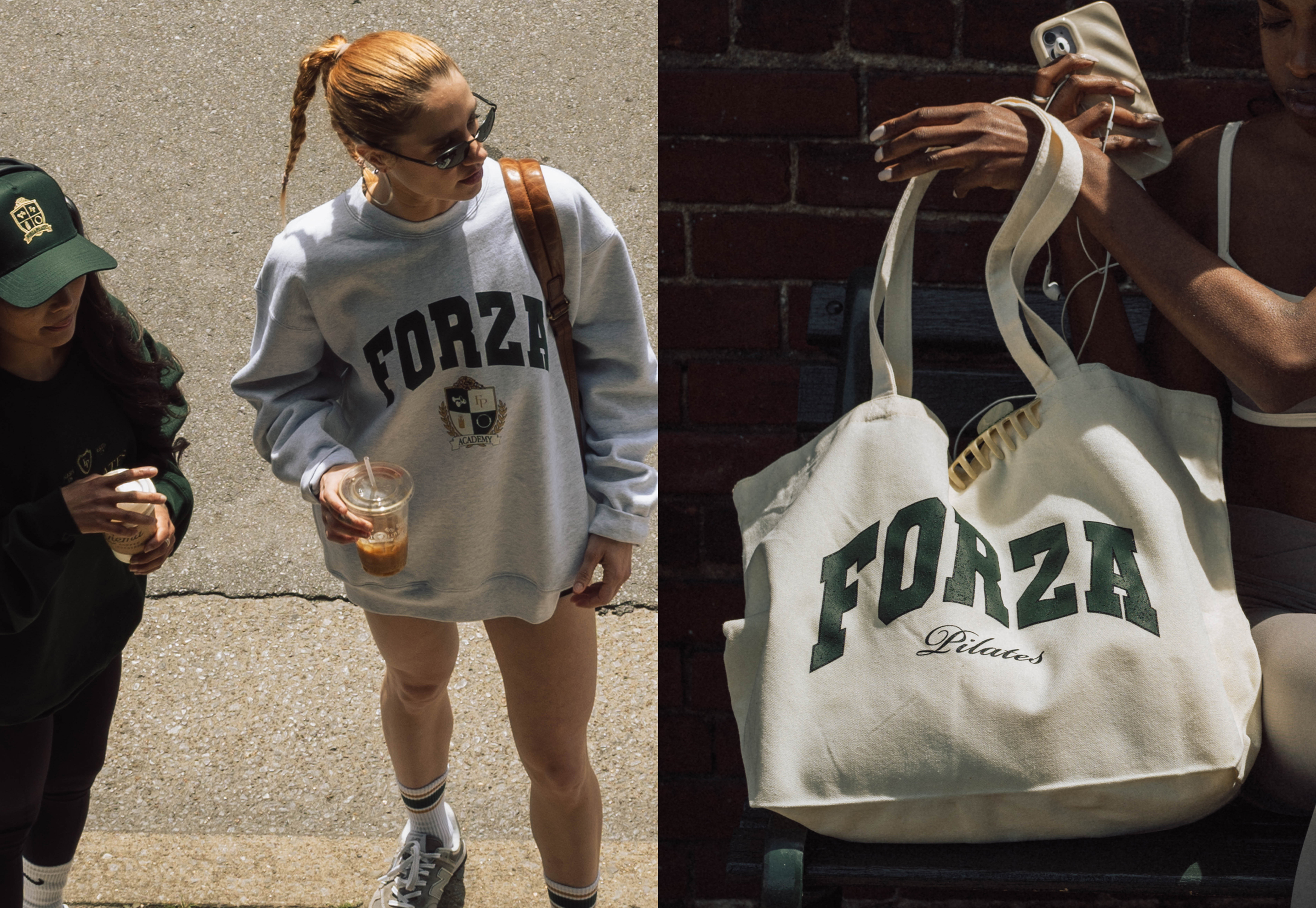Models wearing Forza Pilates sweatshirts and carrying cream tote bag with green logo, styled for street-style merch campaign