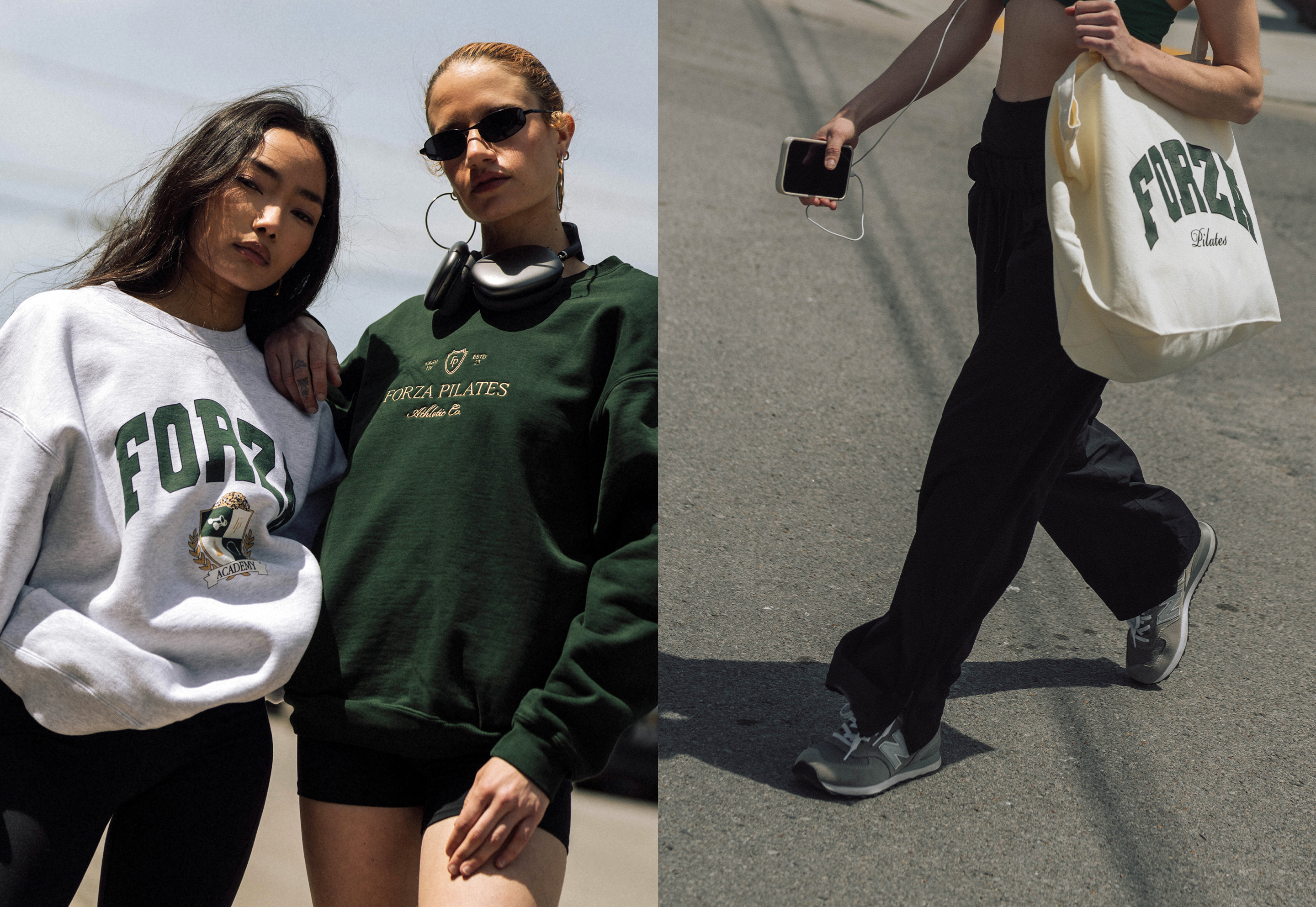 Models in Forza Pilates green and gray sweatshirts, one carrying cream tote bag, from lifestyle merch launch photoshoot