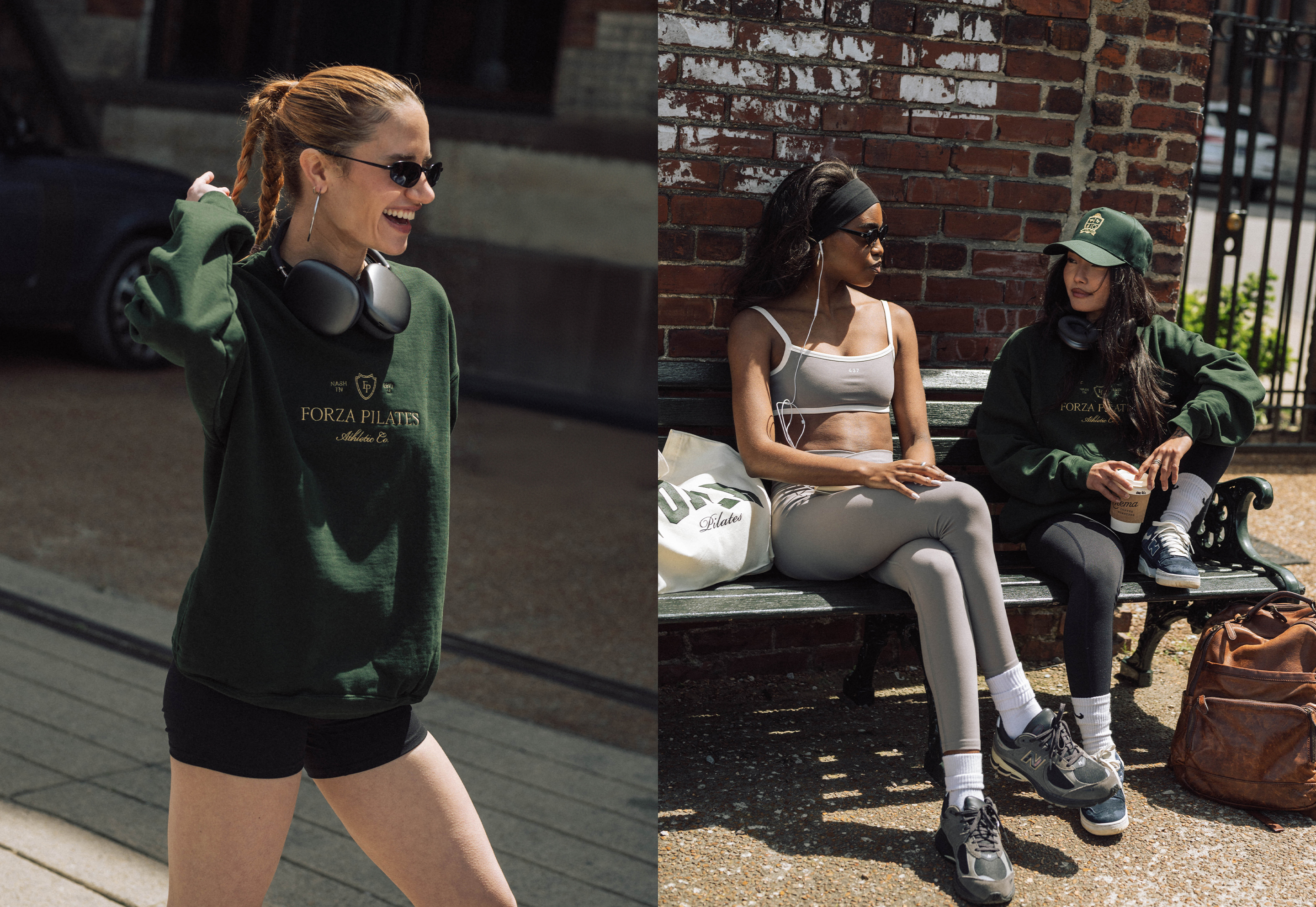 Models in Forza Pilates merch, including green sweatshirt, tote bag, and activewear, styled in a casual street-style setting