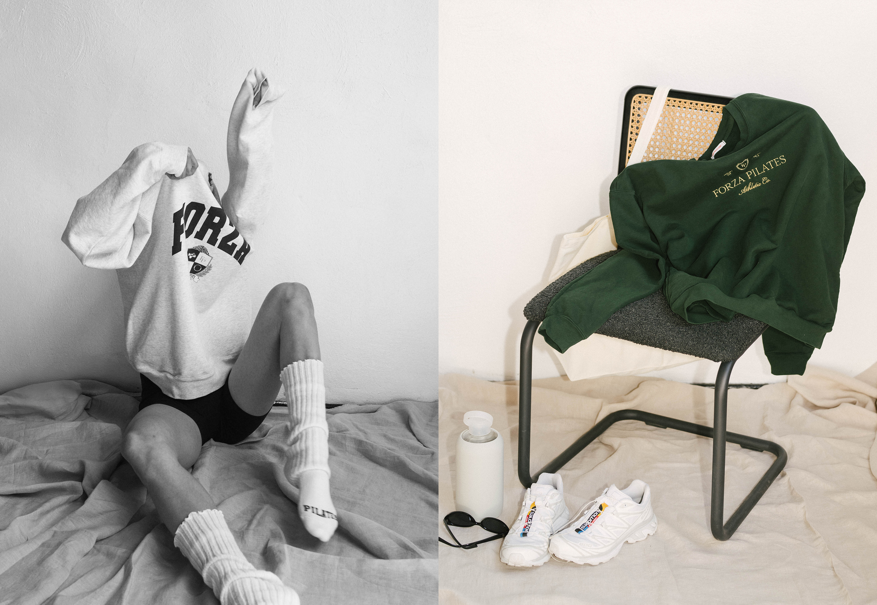 Artistic black-and-white shot of model in gray sweatshirt paired with styled chair scene featuring green sweatshirt and tote bag