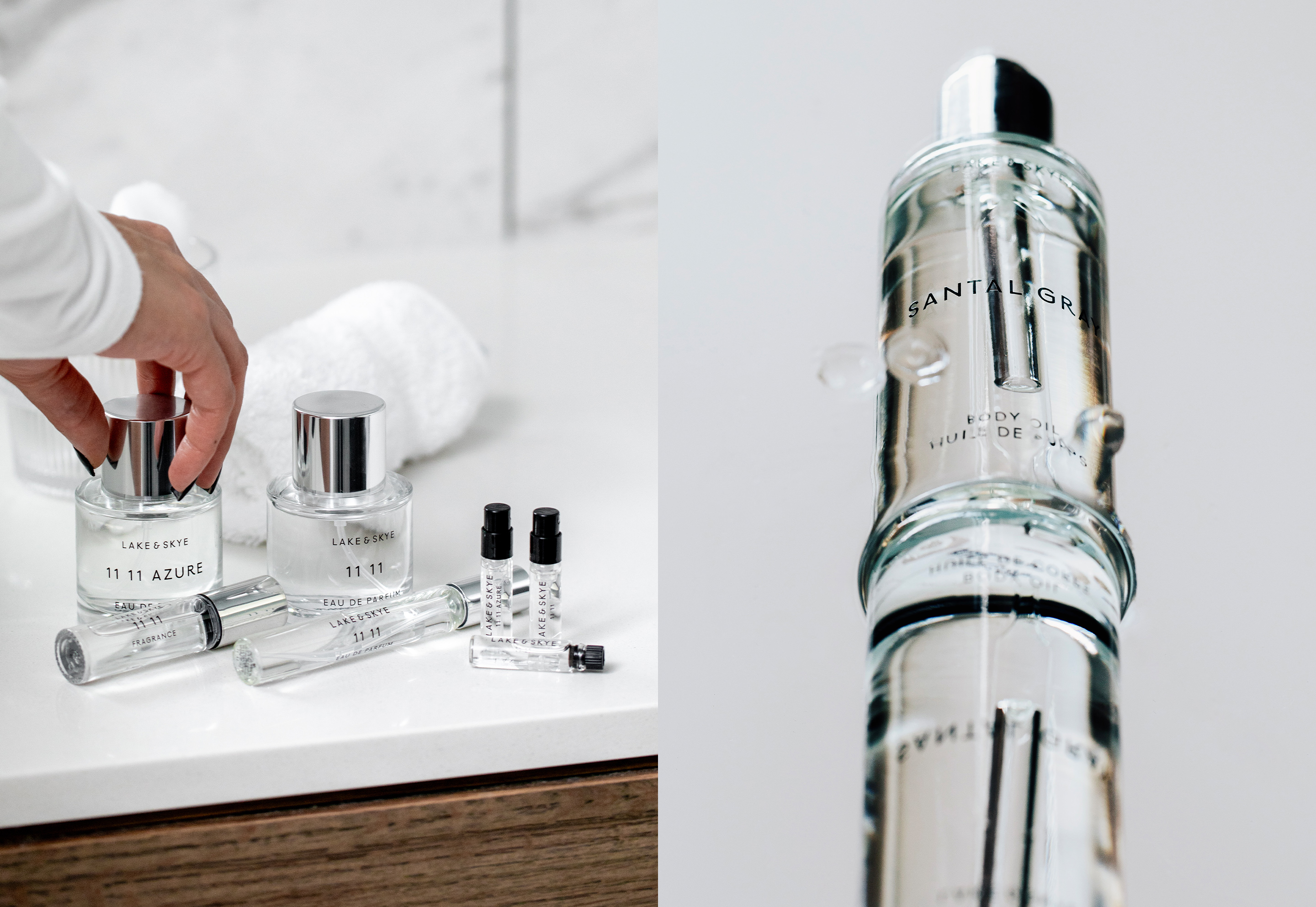 Hand reaching for Lake & Skye Azure perfume beside Santal Gray body oil in luxury clean fragrance photoshoot.
