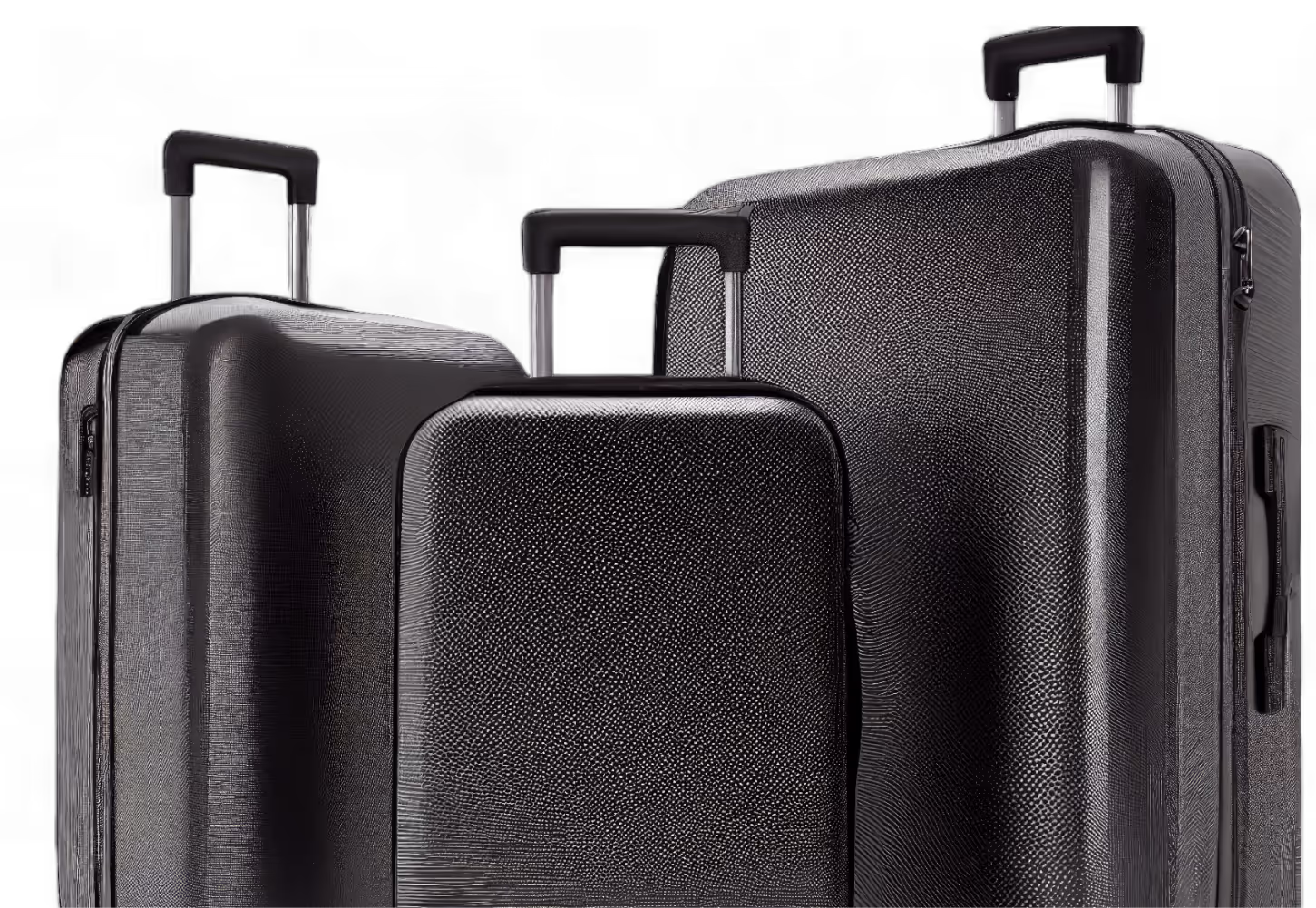 Two black suitcases are standing next to each other.