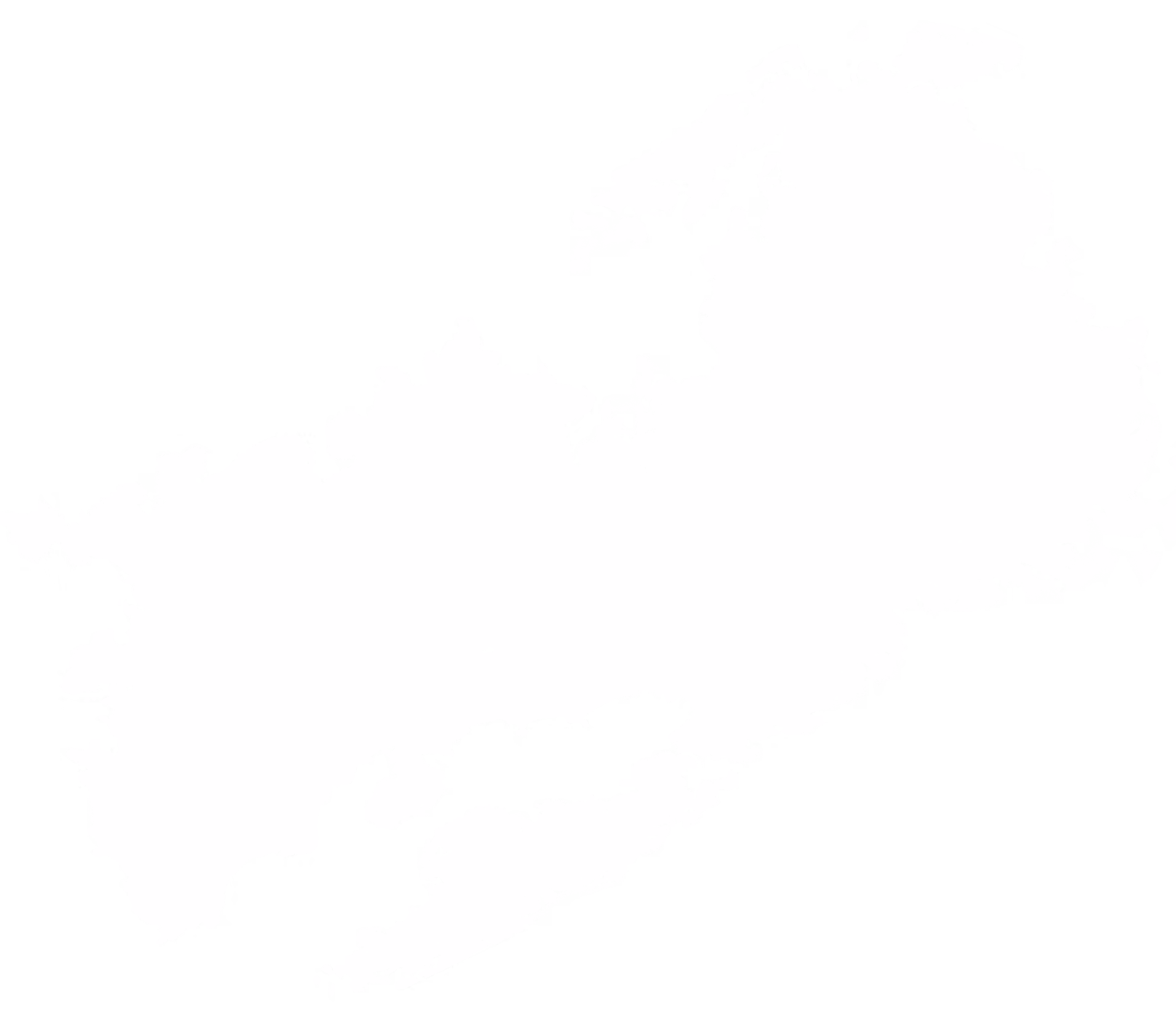 A white map of the world with a blue background.