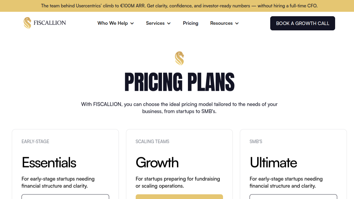Fiscallion fractional CFO pricing plans - Essentials, Growth, and Ultimate tiers