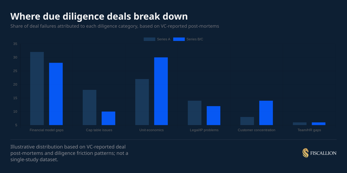 Where due diligence deals break down by category at Series A and Series B/C