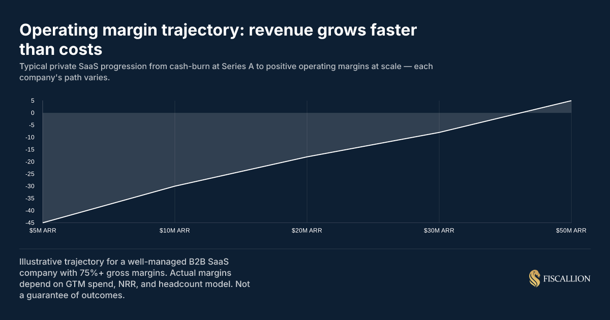 Operating margin trajectory: revenue grows faster than costs