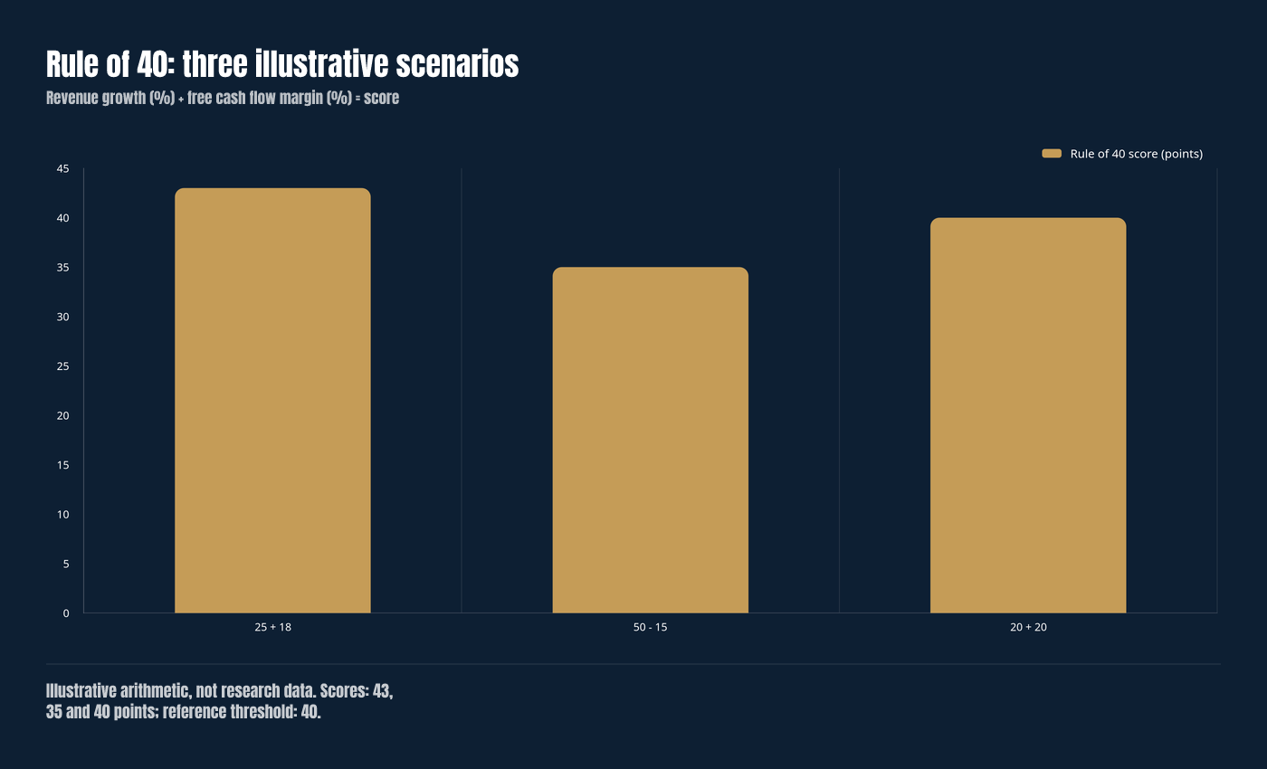 Illustrative Rule of 40 scores: 25% growth plus 18% free cash flow margin equals 43; 50% growth minus 15% margin equals 35; 20% growth plus 20% margin equals 40