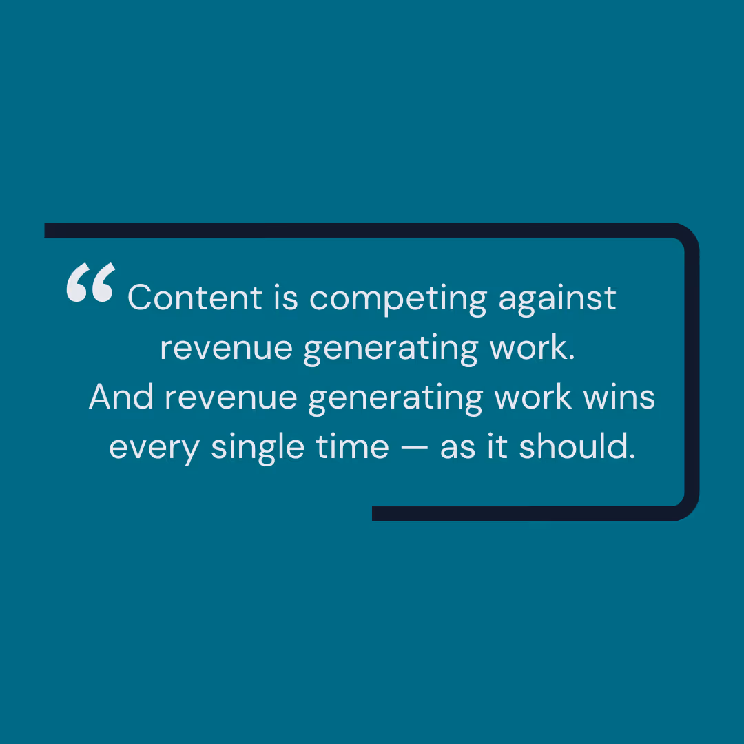 Branded graphic highlighting that revenue generating work will always come before creating your own content