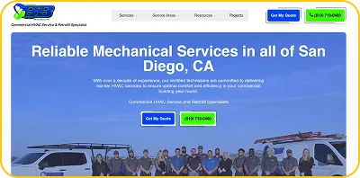 Mechanical services team standing in front of work vehicles in San Diego