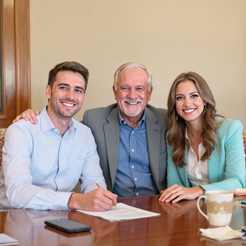Three people sitting at a table smiling at the camera, with a young man signing a document, an older man in the middle with his hand on the young man's shoulder, and a young woman beside them, suggesting a friendly financial or legal consultation.
