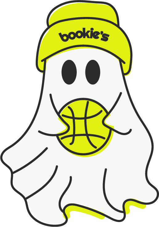 BOOKIE'S MASCOT | BROOK THE GHOST. An illustrated ghost wearing a beanie holds a basketball