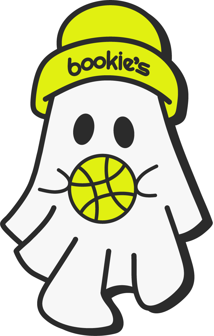 BOOKIE'S MASCOT | BROOK THE GHOST. An illustrated ghost wearing a beanie holds a basketball