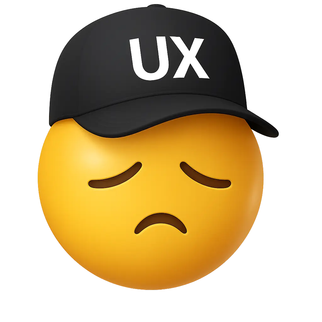 A sad face emoji wearing a ux hat