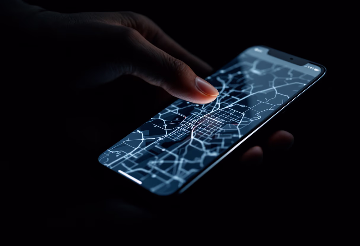 image of a commuter navigating a city map on a phone app