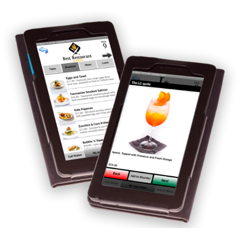AI Menu Tablet Menu with food/drinks on screen.