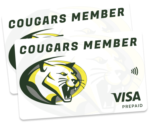 Two overlapping Cougars Member Visa prepaid cards featuring a roaring cougar head logo and contactless payment symbol.