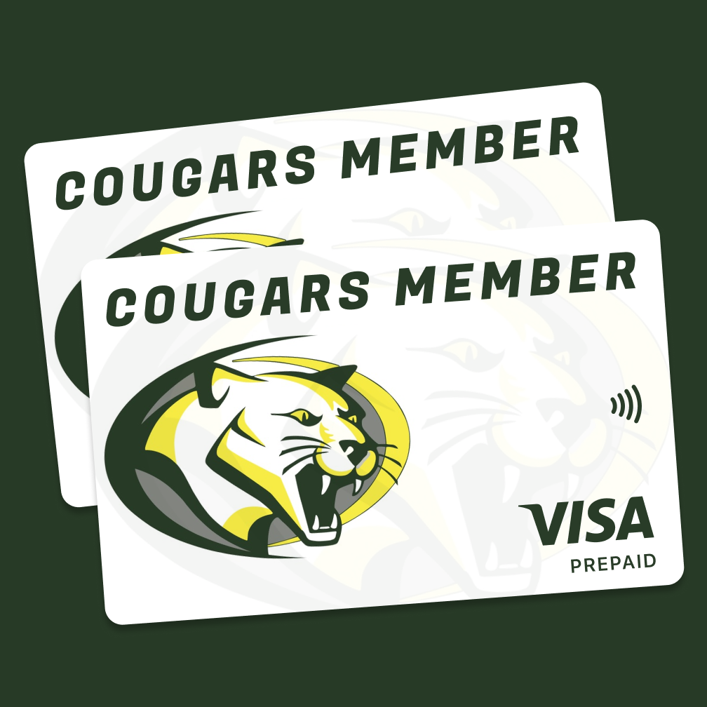 Two overlapping white cards with a roaring cougar logo, text 'COUGARS MEMBER', and 'VISA PREPAID' on a dark green background.
